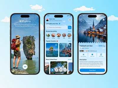 Exploreo – Travel App UI adventuretravel appdesign cleanui dribbbleshot holidayapp iosapp mobileappdesign modernui sky startupdesign tourismapp travelapp travelbooking traveldesign travelmobileapp travelstartup travelux tripplanner ui vacationapp
