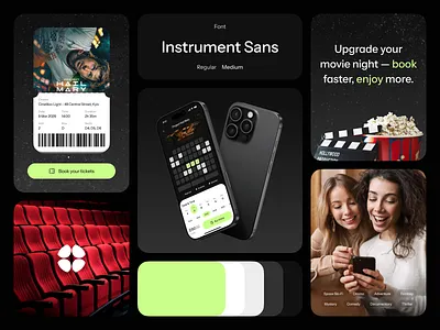 Cinema Tickets Booking App booking branding cinema dark theme design illustration logo mobile mobile app ticketing ui ux