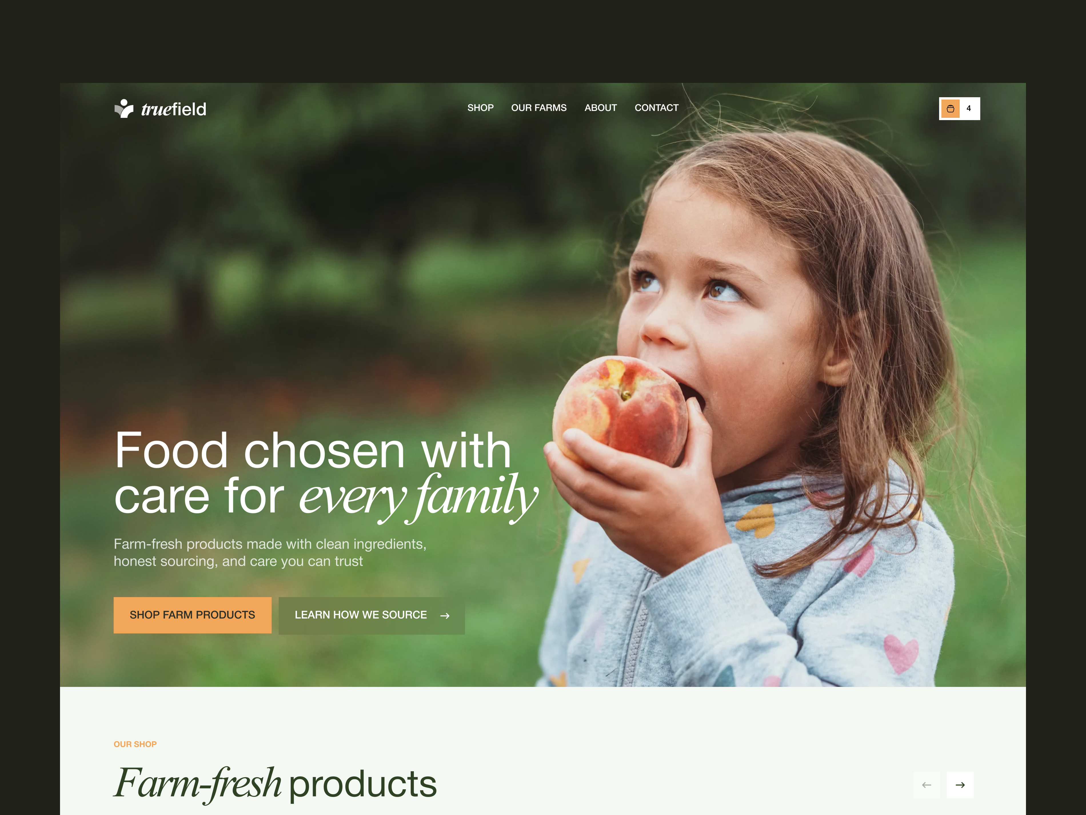 Truefield | E-commerce Hero Section UI design e commerce e commerce food ecommerce field food food shop green landing orange products ui ux web