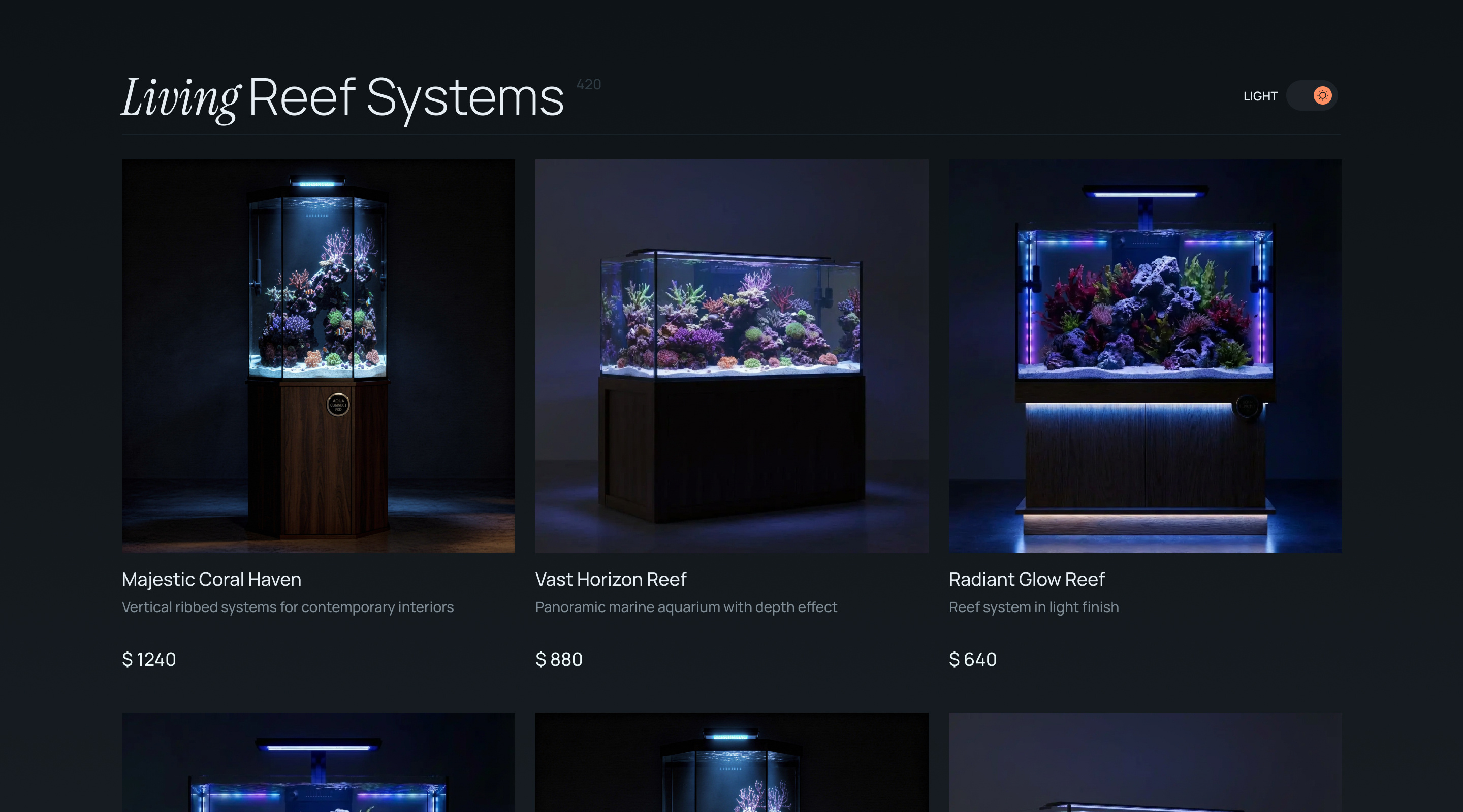 Living Reef Systems | E-commerce Product Grid animation aqua aquarium dark blue design e commerce ecommerce fish grid living systems reef systems shop ui ux