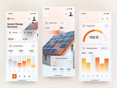 Solar Energy Monitoring Mobile App Design app app design clean energy clean energy platforms data visualization design energy dashboard energy monitoring energy systems ios mobile mobile app monitoring app renewable energy smart home app solar energy solar power apps ui