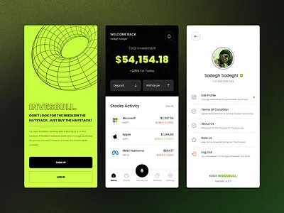 Stock Market App analytics app design clean design crypto finance financial investment investment app ios mobile money management neon onboarding profile stock stock exchange stock market trading trading platform ui