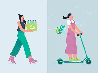 Eco Friendly Characters 2d cartoon characters digital eco friendly eco sustainable electric scooter environmentally female flat design girl green illustration organic people sustainable vector women