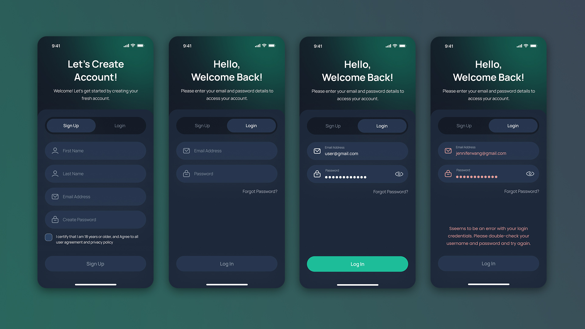 Modern Login & Sign Up Mobile App UI | Dark Mode Authentication android app ui app login screen ios app ui login ui mobile app ui signup ui ui