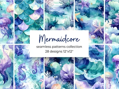 Mermaidcore Watercolor aesthetic aquatic background coastal design digital dreamy fantasy kit mermaidcore ocean pack paper pattern sea seamless texture underwater vibes watercolor
