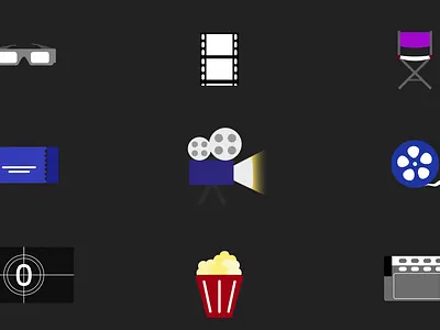 Cinema and Film Production Icons app ui camera cinema icons cinema ticket dashboard director chair entertainment explainer film icons film production film strip lottie animation media movie icons popcorn reel streaming visuals ui icons video production web ui