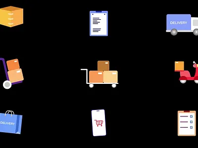 Delivery Icons app ui box cart courier dashboard delivery icons ecommerce explainer flat fulfillment logistics icons lottie animation order tracking package shipping shopping truck ui icons warehouse web ui