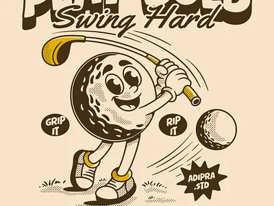 Golf ball character hitting the ball adipra adipra std adipra studio adpr bold line illustration character design die cut sticker fun golf art golf ball character golf cartoon character golf illustration golf lifestyle golf merch golf sticker golf swing design playful sports art retro golf art streetwear graphic vintage style sticker