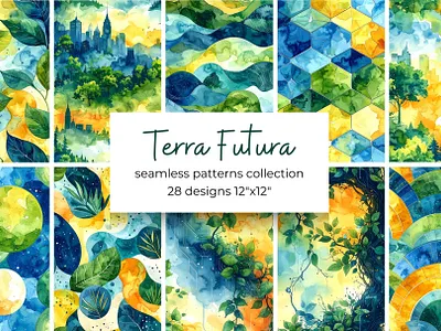 Terra Futura Patterns aesthetic background botanical design digital paper earth eco environmental future futuristic green kit nature pack pattern seamless solarpunk sustainable tech texture
