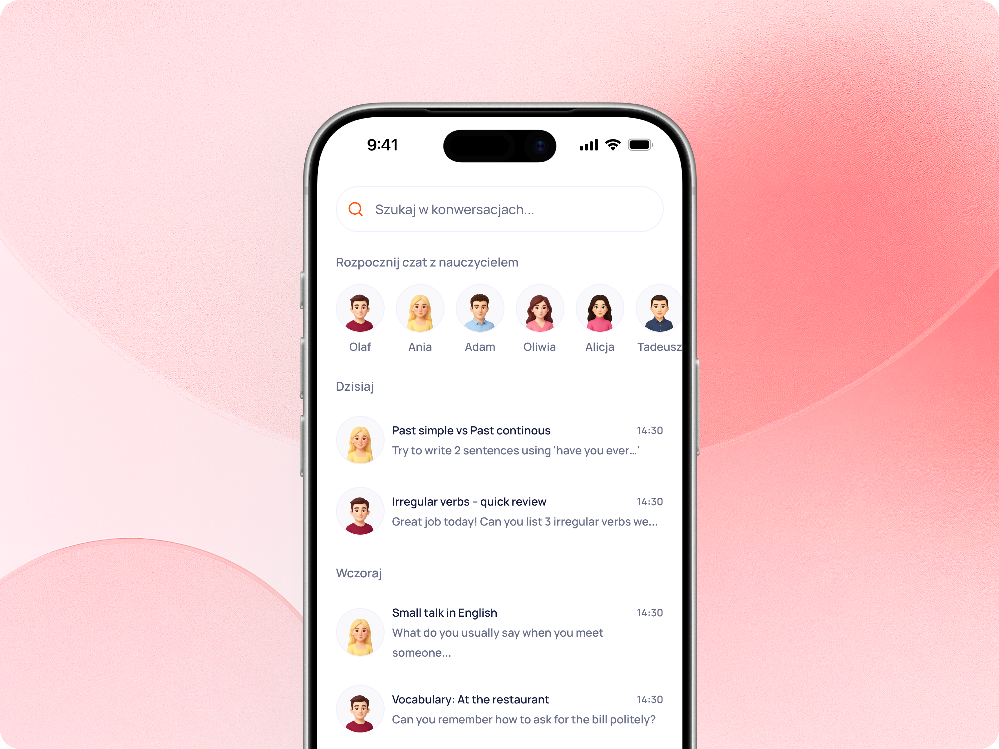 Language Learning Chat — Tutor Conversations UI, Edu Mobile App ai avatars avatars chat clean design education learning lessons mobile app tutor chat ui ux