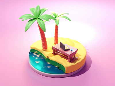 Remote Work Animated 3d animation beach blender designer diorama illustration laptop low poly remote sea summer work