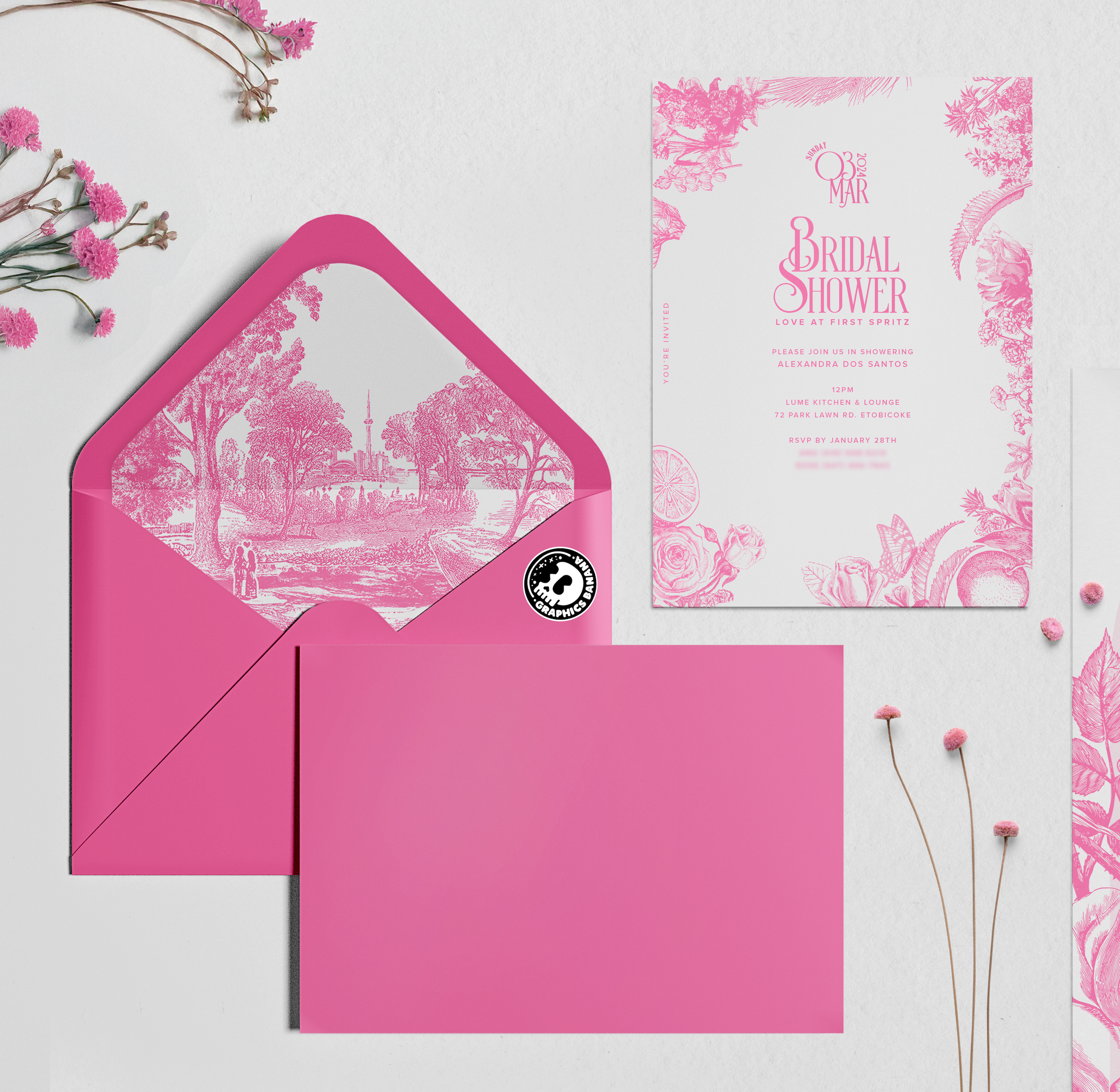 Custom Toronto Love Toile Envelope and Bridal Shower Invitations bridal cn tower custom design envelope feminine floral flowers illustration invitation invite jouy love pink print romance shower toile toronto white