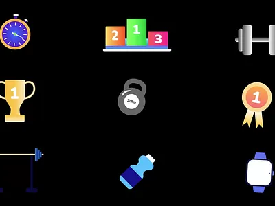 Sports Icons athletic design barbell icon competition icons fitness icons fitness video flat icons gym icons infographic elements kettlebell icon medal icon motion graphics podium icon sport animation sports icons stopwatch icon training icons trophy icon ui animation video overlays workout graphics