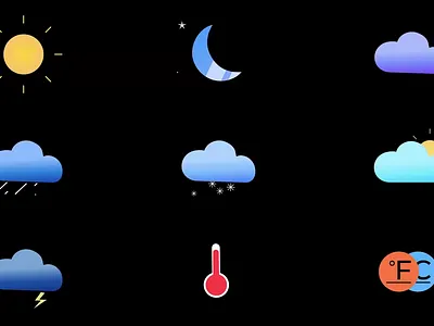Weather Icons animated weather app interface climate graphics cloud icon dashboard design data visualization forecast icons minimal icons modern ui moon icon motion graphics rain icon snow icon sun icon temperature icon thunder icon ui animation weather animation weather icons weather ui