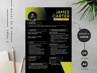 Black & Neon CV + Cover Letter — Canva Resume Template a4 canva template clean layout cover letter cv template digital product editorial design marketing resume minimal resume modern resume print ready resume template tech resume typography us letter