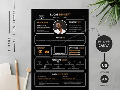 Web Developer Resume & Cover Letter Template (Canva) — A4 + US a4 template black resume canva cv template canva resume clean layout cover letter template cv template dark theme resume developer cv editable template infographic resume instant download minimalist cv modern resume programmer resume resume template software engineer resume tech resume ui typography web developer resume