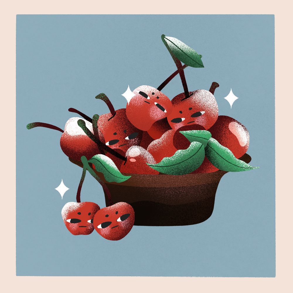 ugh cherries annoyed art basket cherries cherry faces design fruit illustration pop art procreate sparkles still life texture ugh