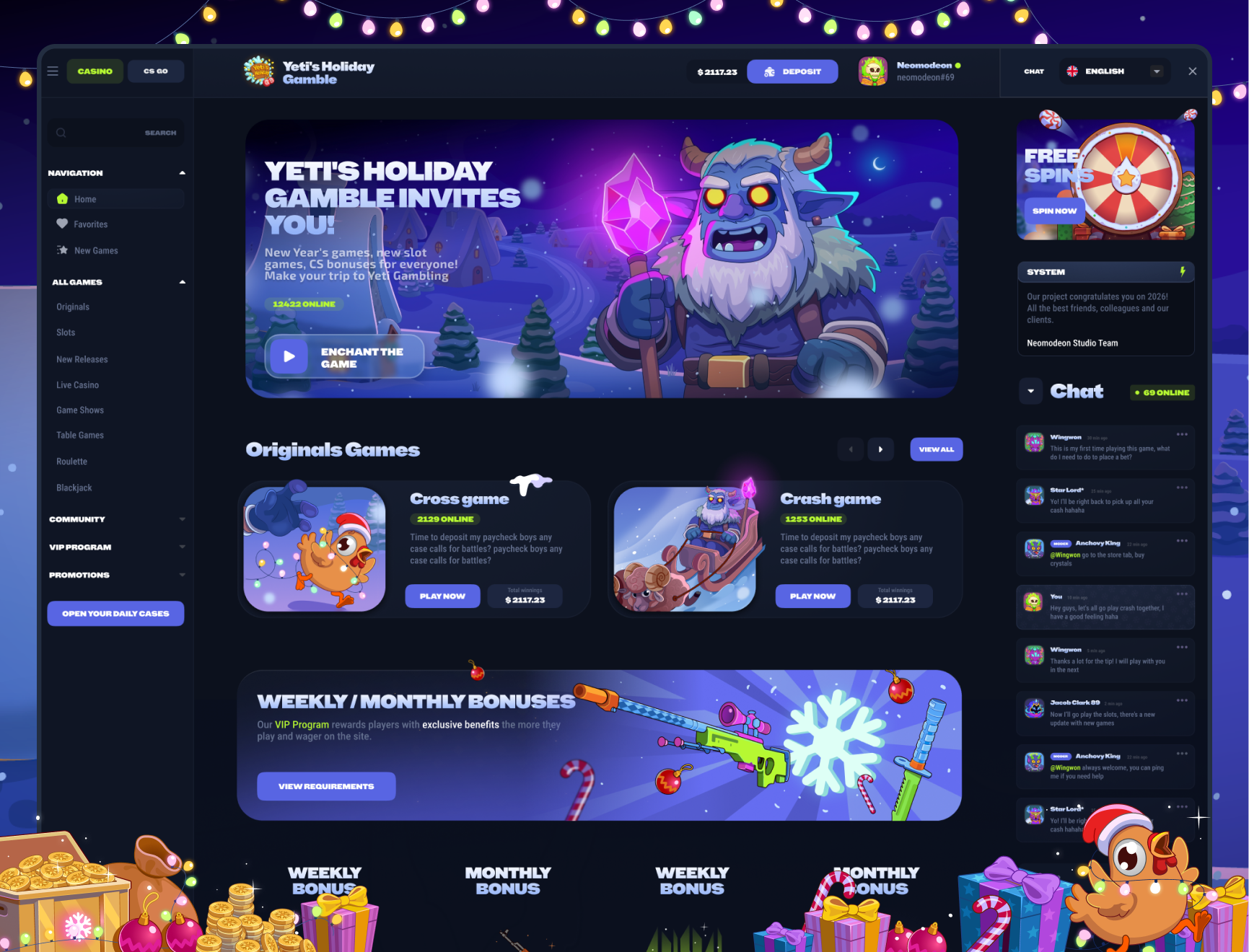 Yeti's Holiday Gamble: Home page (Casino Online) betting casino casino online crash game cross game cs go csgo skins dark theme dark ui gambling game interface game ui home page landing page main page ui uiux ux web design website