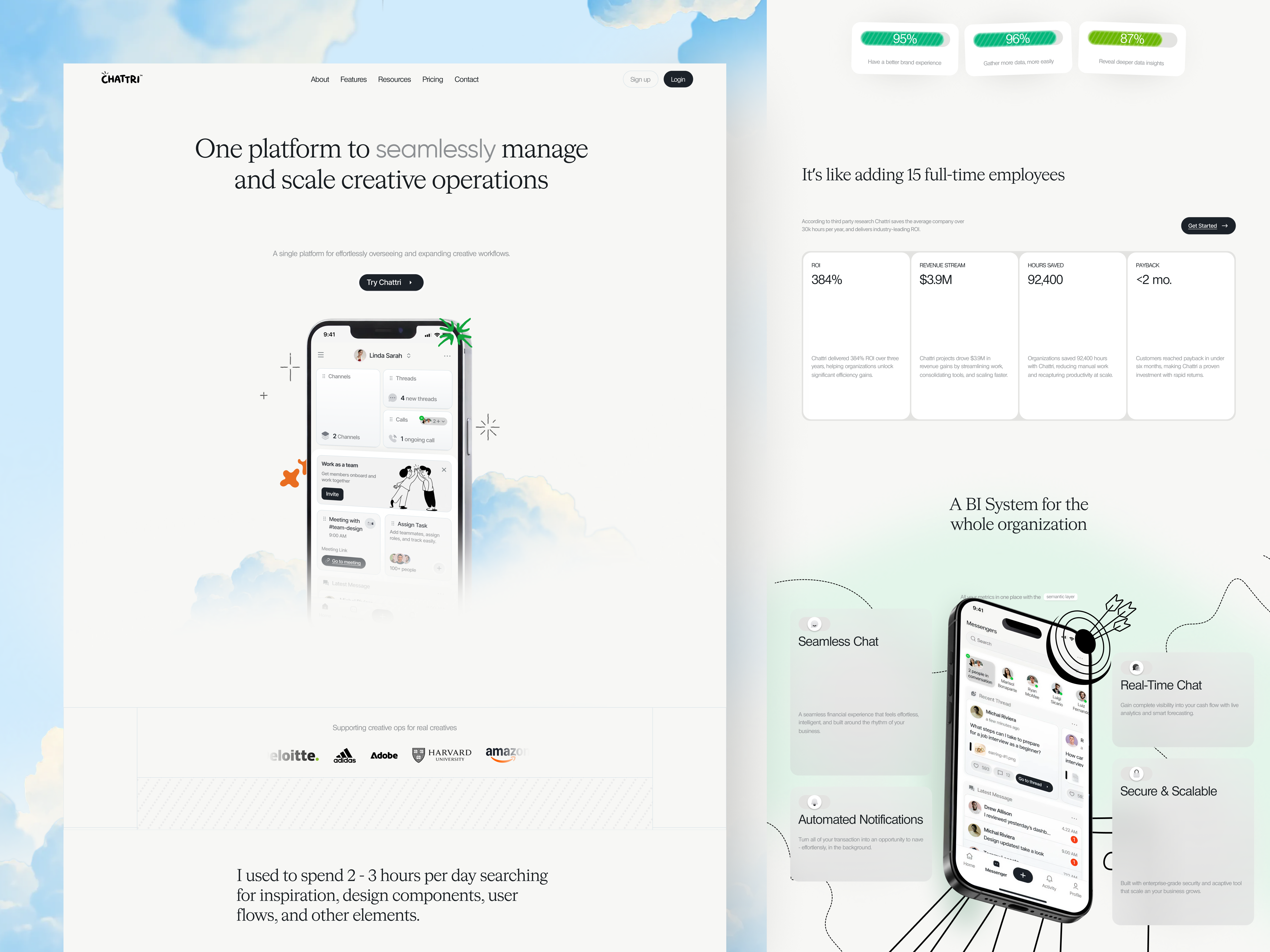 Chattri - Team Communication Landing Page card chat clean comunication comunication app comunication website landing page platform chat product saas saas chat product team team chat ui ui design ui ux design web design website website design
