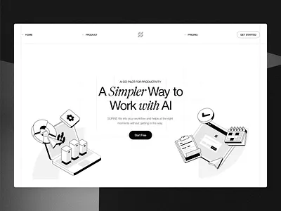 Supine - AI Co-Pilot for Everyday Work ai ai tools animation art design header illustration isometric landing page ui uiux web design website