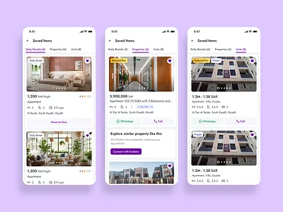 Saved Items - Rentals, Properties & Project Units (App Designs) call carddesign carousel ctagroup ctas minimal propertycards realestate saveditems savedproperties saveheart sliders tabs tags tooltip uxdesign whatsapp