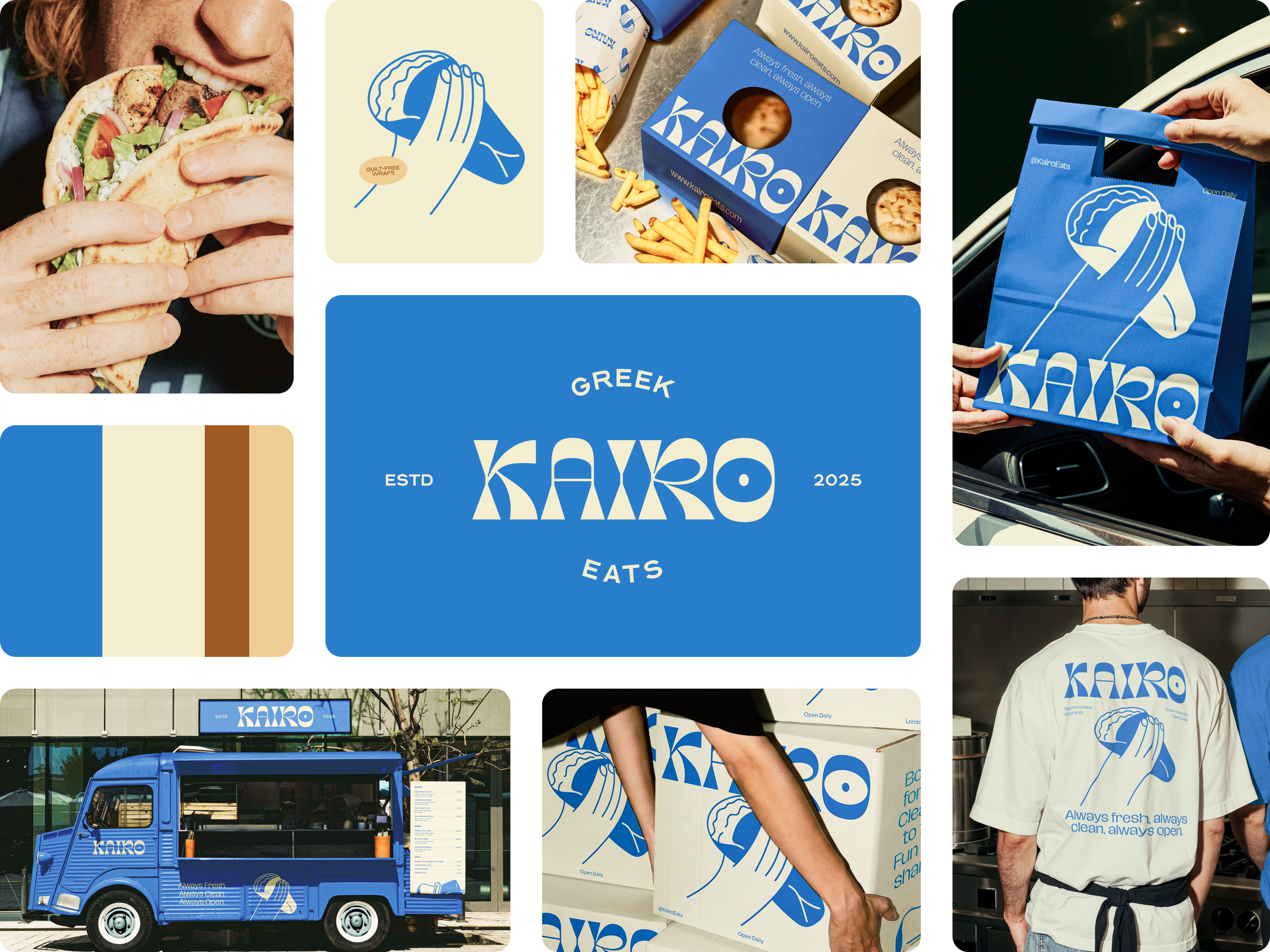 Kairo - Brand Identity blue branding bright design food food truck graphic design greece greek illustration logo modern packaging playful restaurant typography vector vibrant visual wordmark