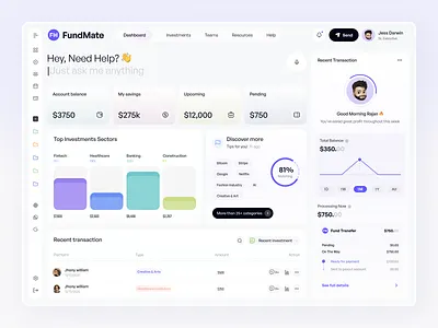 FundMate Dashboard Software Design application dashboard dashboardui fundmate fundtransfer interfacedesign investment software money transfer saas softwaredesign tracking software transaction design ui ux webdesign website