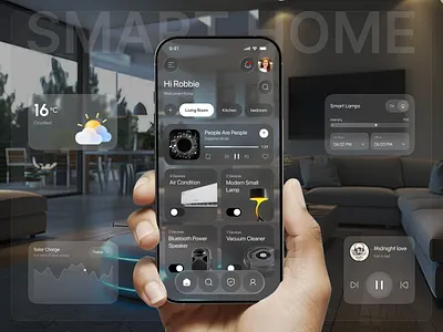 Smart Home Mobile App 3d clean control dashboard glassmorphism home ios iot light logo mobile mobile app design music player sketch smart smart home smart home app temperature ui ux