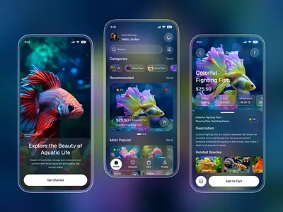 Aquarium Fish Shopping App app ui aquarium app aquatic clean ui dark ui design veli ecommerce app fish app fish buying app glassmorphism minimal design mobile app mobile app design modern ui onboarding product design shopping app ui design ux design visual design
