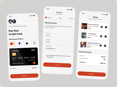 Event Ticket Checkout & Payment Flow – Mobile App UI app design checkout clean ui event app event management fintech ios app minimal mobile app order flow order process payment payment flow payment method payment process ticket booking ui ui design ux ux design