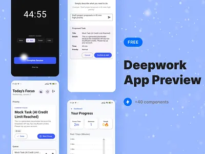 DeepWorkAI — Distraction-Free Focus App 3d ai branding dark mode graphic design logo minimalist. mobile ui motion graphics productivity app react native saas task manager ui