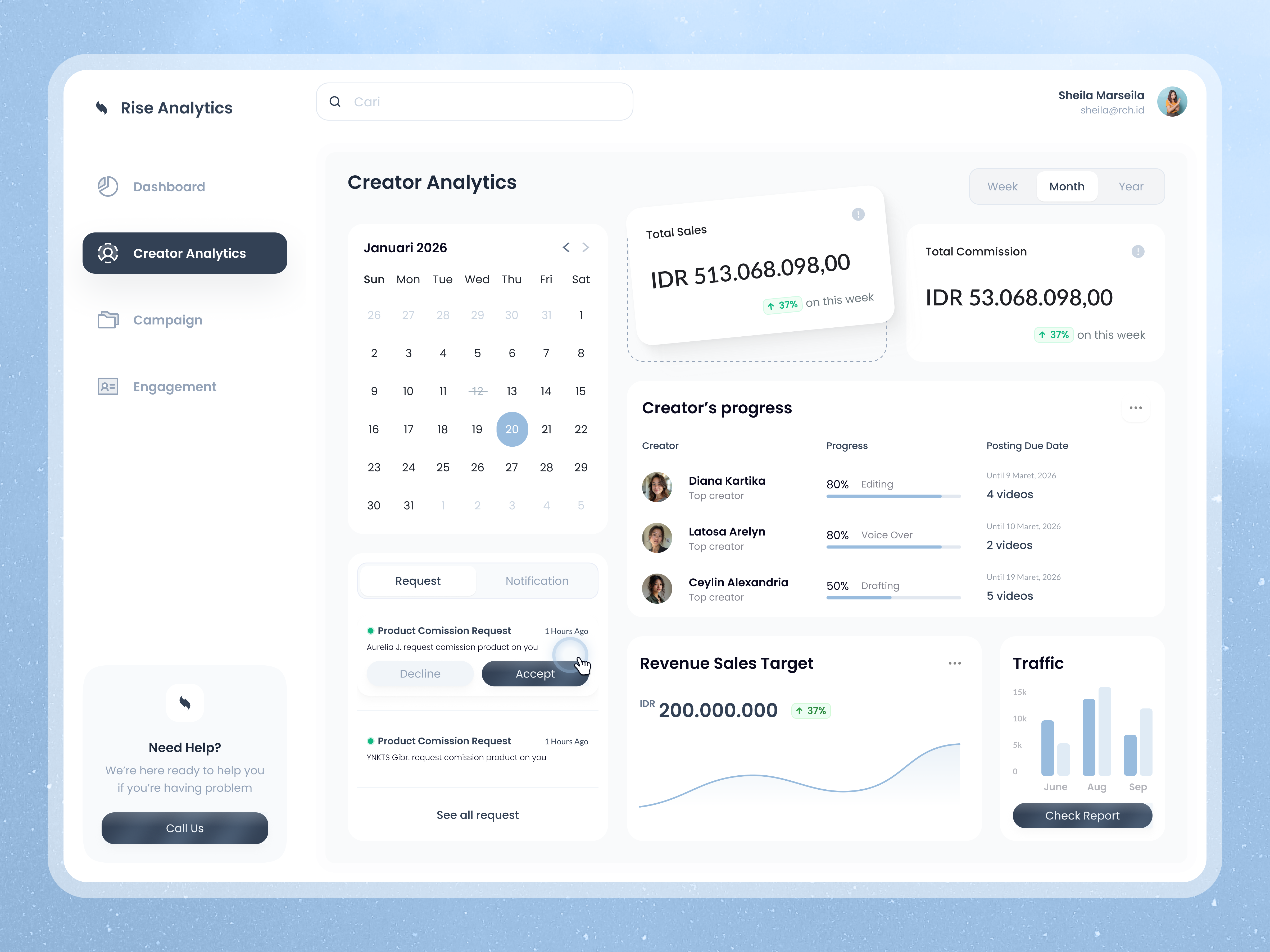 Creator Analytics Dashboard UI – SaaS Web App clean creator dashboard management marketing productivity ui