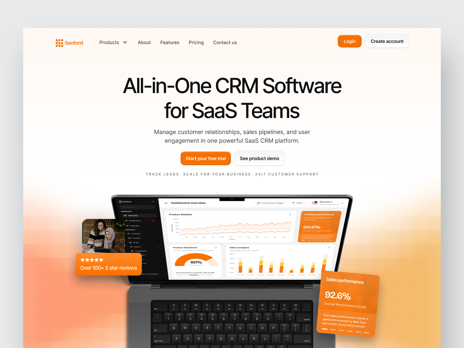 Sanford - CRM Landing pages clean crm crm landing page crm website design gradient landing page landing page design management management website saas saas landing page saas website ui design ui.ux ux web web design website website design