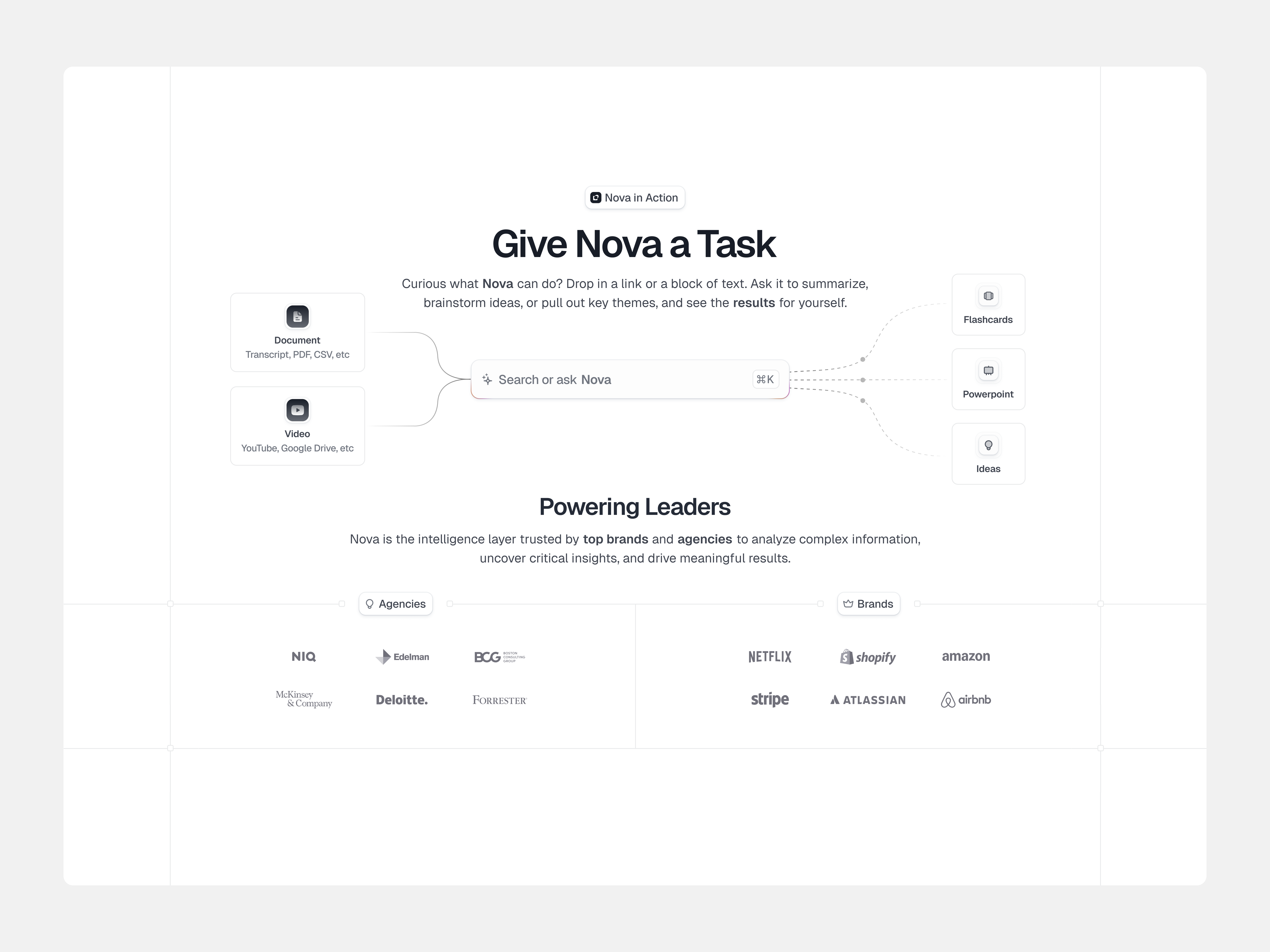 Nova - Demo Section ai brand chatbot demo design feature gradient illustration interaction light line morva morva labs neutral pattern product design productivity saas social proof ui