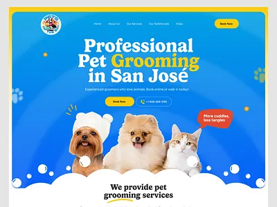 Pet Grooming Service Landing Page | Playful Bright UI animals booking business cute design fun grooming landing page local business pet care pets playful service ui ui design uiux usa web design website website design