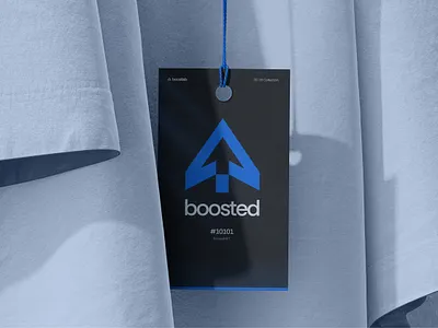 boosted | NFT badge 3d aesthetic blue branding design digital fashion identity logo minimal mockup modern premium product render tag typography ui ux visual