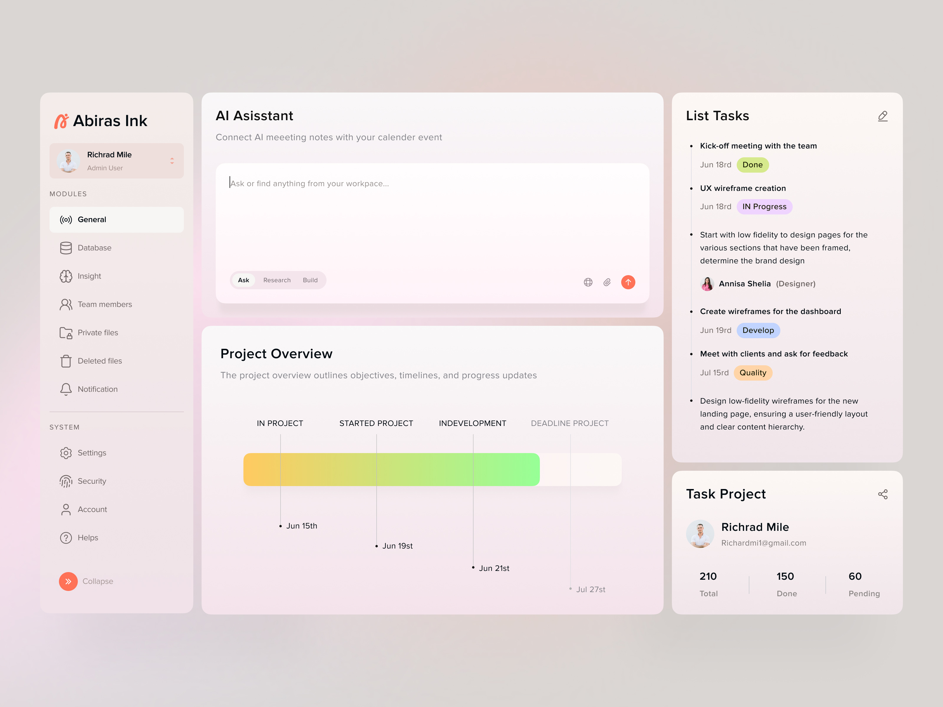 Ai - Project Management ai ai management chart dashboard management project saas design sidebar task timeline ux design web app