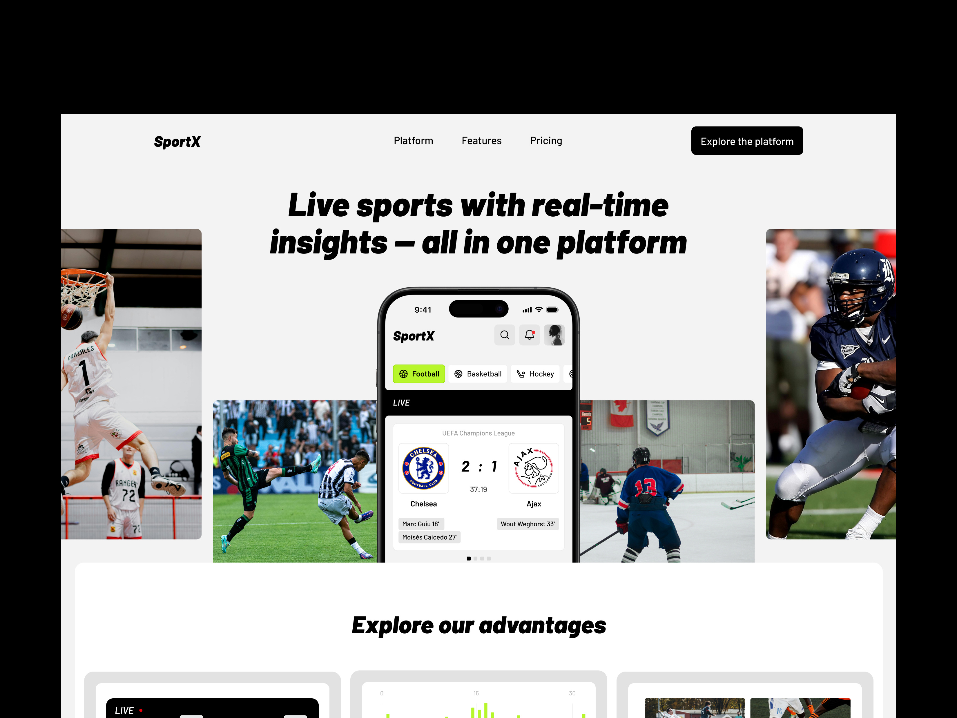 Live Sports Analytics Landing Page football ui football website homepage ui landing page design landing ui match stats player profile promo page sport application sports app sports platform sports ui sports website streaming app ui streaming platform tournament ui design ux design uxui website ui
