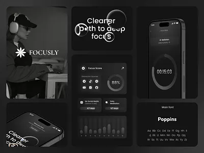 Focusly — Clarity & Deep Work Companion branding dark theme design habit tracking illustration logo mobile mobile app monochrome night mode ui ux