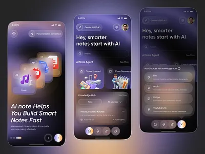 Smart Knowledge Hub & AI Note-Taking Mobile Design ai ai app ai notes ai ui app app design design glassmorphism ios knowledge hub mobile mobile app note taking app notes app productivity app saas app ui ui design