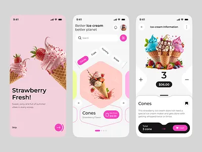 Strawberry Fresh — Ice Cream Mobile App Concept app app design app interface best app design best design delivery design e commerce food delivery app food ordering food recipe ice cream ios mobile mobile app mobile app design mobile app ui online food order ui ux