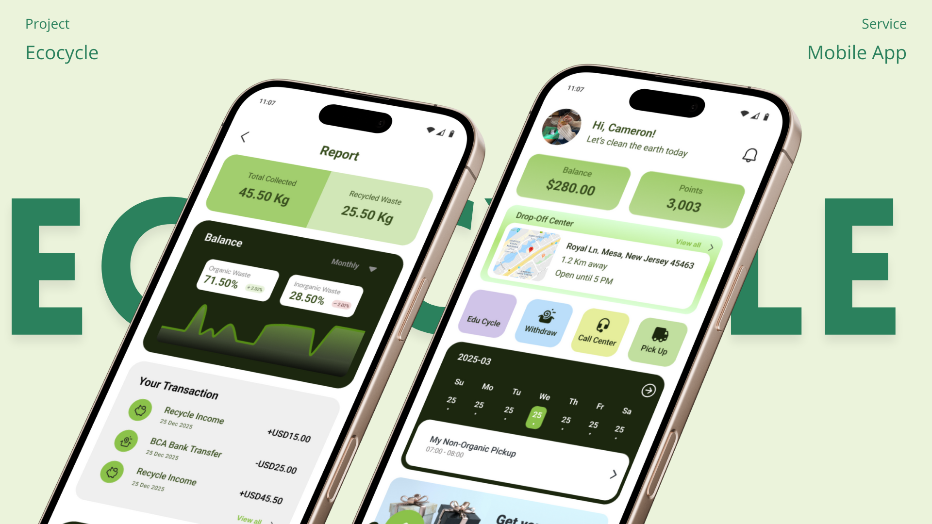 EcoCycle mobile app app clean cleaninterface design ecofriendly fintech greenui interface minimalis mobile mobileapp recyclingapp simple simpleui ui uiux ux wastebank