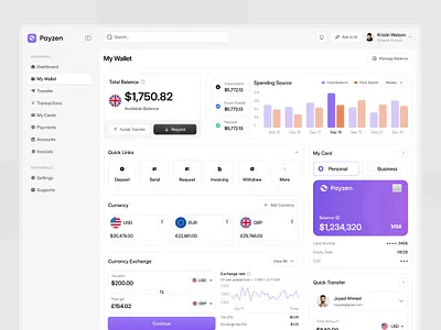Payzen — My Wallet Dashboard UI balance cards dashboard design my card payment payment dashboard payment flow saas send sendmoney flow top up transaction ui uidesign ux uxdesign wallet web webui