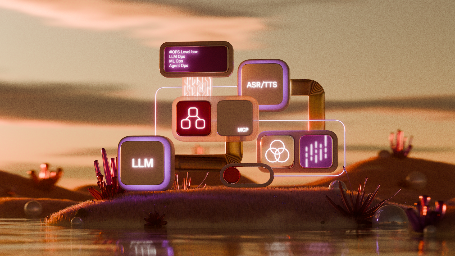 MWS AI Agents Platform 3d agents ai art blender branding cgi colorful design evening graphic design illustration landscape llm logo mts mws vfx vivid