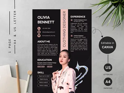 Fashion Designer Resume & Cover Letter Template (Canva) — A4 + U a4 template black resume canva cv template canva resume cover letter template creative resume cv template designer resume editorial layout fashion cv fashion designer resume job application minimalist cv modern resume peach aesthetic portfolio resume recruiter friendly resume template typography us letter