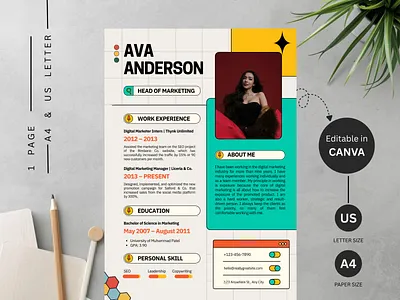 Colorful Marketing Resume Template (Canva) — Modern Grid Layout a4 resume branding resume canva cv template canva resume colorful resume creative resume cv template digital marketing cv editable template grid layout instant download marketing resume modern resume one page resume printable resume professional resume resume template social media resume ui inspired design us letter resume