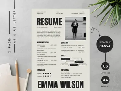 Bold Minimal Resume Template (Canva) — Clean Editorial Layout a4 resume black and white bold typography canva cv canva resume clean layout cover letter template creative cv cv template editorial design graphic designer resume instant download minimalist resume modern resume monochrome resume portfolio resume printable resume resume template two page resume us letter
