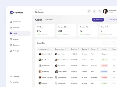 SellMate — Ecommerce Management Dashboard admin dashboard dashboard dashboard design design system ecommerce ecommerce order management figma design interaction design order list design order management dashboard order management screen order management ui product design saas ui design uiux ux design uxui webapp