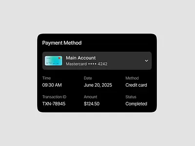 Payment Method UI card component credit card dark design designer figma finance fintech minimal modern payment ui uiux uiuxdesign ux