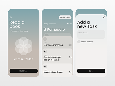 Pomodoro To-do List App app design list mobile pomodoro productivity reminders task timer to-do todo ui